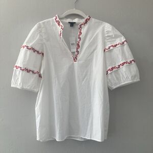 NEW Ann Taylor Peasant Blouse MEDIUM Short Sleeve Cotton White Boho Hippie